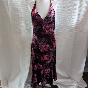 Le Chateau Velvet Floral Halter Midi Dress Asymmetrical Hem XL